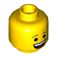 Minifig Head Emmet, Open Mouth Grin / Confused with Left Eyebrow Raised Gelb