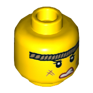 Minifig Head Roxxi, Female, Scars, Robe Headband, Crooked Grin, Teeth Print [Hollow Stud] Gelb