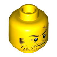 Minifig Head Larry the Barista, Reddish Brown Eyebrows, Scar, Stoppled Beard, Determined Print [Hollow Stud] Gelb