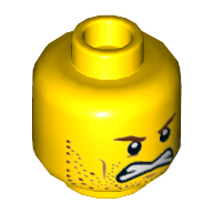 Minifig Head Chainsaw Dave, Reddish Brown Eyebrows, Stoppled Beard, Determined / Angry, Teeth Print [Hollow Stud] Yellow