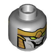 Minifig Head Chitauri, Gold Armor, Lime Eyes, Large Open Mouth with Teeth Print Light Bluish Gray