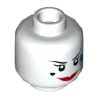 Minifig Head Harley Quinn, Thin Eyebrows, Red Lips, Smile, Heart on Cheeks, Dark Azure Paint Splotch, Smile / Open Mouth Smile Print White