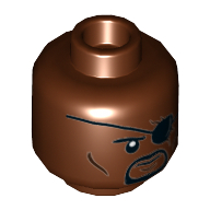 Minifig Head Nick Fury, Black Eyepatch, Round Beard, Stern/Angry Rotbraun