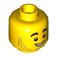 Minifig Head Harl Hubbs, Dark Brown Stubble Beard, Raised Eyebrows, Smile with Teeth / Tongue Sticking Out Gelb