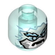 Minifig Head White Face with Medium Azure Edge, Eyes, Angry, Fangs Trans-Light Blue