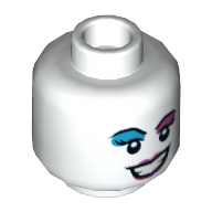 Minifig Head Harley Quinn, Dark Azure and Lavender Eye Shadow, Mean Smile with Teeth / Tongue Sticking Out Print White