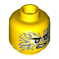 Minifig Head Jay, Light Bluish Gray Eyes, White/LBG Flames, Angry, Teeth Yellow