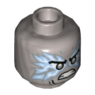 Minifig Head Zane, Silver Eyes, Angry, Teeth, Bright Light Blue/White Flames in 