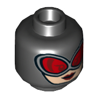 Minifig Head Catwoman, Goggles, Red Glasses, Red Lips, Open Mouth / Closed Mouth Print Schwarz