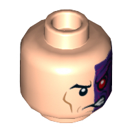 Minifig Head Two-Face (Harvey Dent), Half Side Purple, Red Left Eye, Angry Print Light Nougat