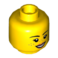 Minifig Head Parker L. Jackson, Freckles, Coral Lips, Open Mouth Smile / Lowered Left Eyebrow, Grumpy Frown Print Yellow