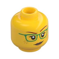 Minifig Head Freya McCloud, Green Glasses, Peach Lips, and Smile / Raised Eyebrow Gelb