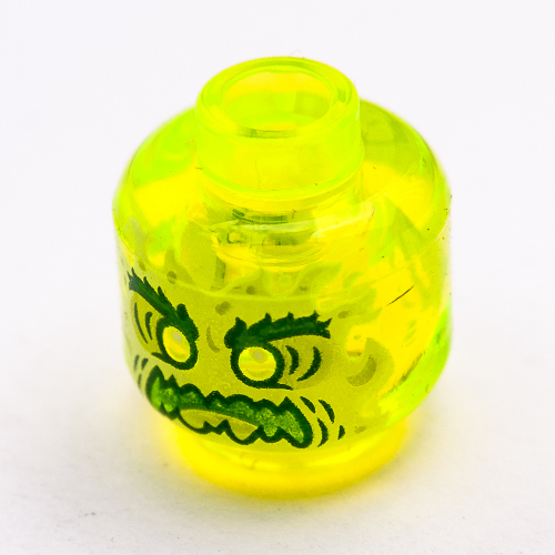 Minifig Head Ghost, Yellowish Green Face, Bushy Eyebrows, Angry, Flames in Back Trans-Neon Green