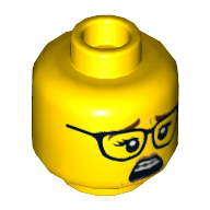 Minifig Head Paola, Reddish Brown Eyebrows, Glasses, Mouth Braces, Smile / Scared Print Gelb