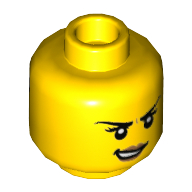 Minifig Head, Medium Nougat Lips, Crooked Smile / Dark Pink, Dark Purple, and Dark Azure Sunglasses Print Gelb