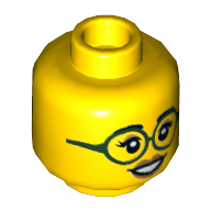 Minifig Head, Eyebrows, Dark Green Glasses, Medium Nougat Lips, Closed Smile / Open Smile Print Yellow
