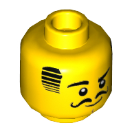 Minifig Head, Black Hair, Eyebrows, Eyes, and Moustache, Raised Right Eyebrow Print Yellow