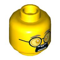 Minifig Head Mr. Clarke, Light Bluish Grey Eyebrows, Glasses with Orange Lenses, Open Mouth / Closed Mouth Print Yellow