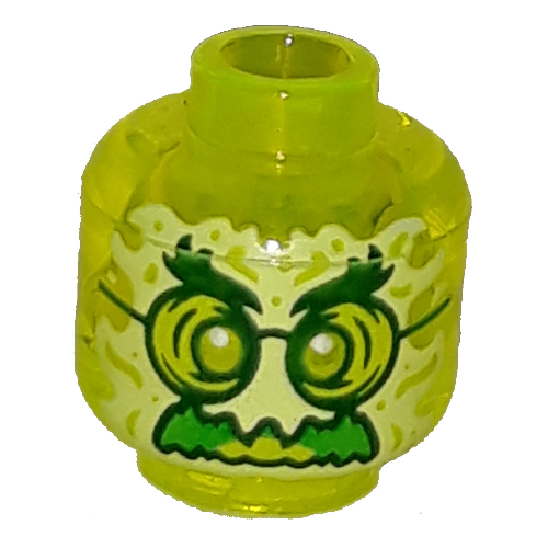 Minifig Head Ghost, with Yellowish Green Face, Bushy Eyebrows, Glasses, Angry and Flames in Back Print Trans-Neon Green