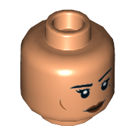 Minifig Head Cara Dune, Dark Red Lips, Eyebrows, Cheek Lines, Dark Bluish Gray Tattoo, Smile / Angry Print Nougat