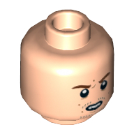 Minifig Head Stan Shunpike, Reddish Brown Eyebrows, Angry, Open Mouth, Teeth, Stubble Print Light Nougat