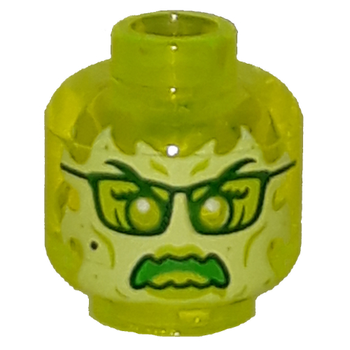 Minifig Head Ghost, with Yellowish Green Face, Glasses, Angry and Flames in Back Print Transparent-Neongrün