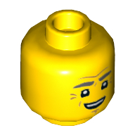 Minifig Head Mr. Branson, Dark Bluish Gray Eyebrows, Crows Feet, Worried / Smile Print Yellow