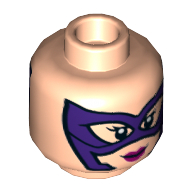 Minifig Head Huntress, Purple Eyemask, Magenta Lips, Smile / Angry Print Light Nougat