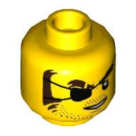 Minifig Head Snake Rattler, Eyepatch, Brown Eyebrows, Sideburns, Stubble, Open White Mouth Print Yellow