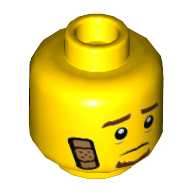 Minifig Head Frankie Lupelli, Brown Eyebrows and Goatee, Bandage, Sad / Black Eye Mask Print Gelb
