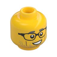 Minifig Head Wheeler, Glasses, Gray Eyebrows and Stubble, Medium Nougat Cheek Lines and Chin Dimple Print Yellow