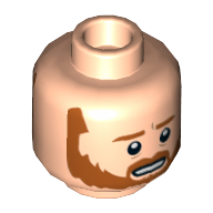 Minifig Head Obi-Wan Kenobi, Dark Orange Beard and Eyebrows, Nervous with Teeth Showing / Frown Print Hellnougat
