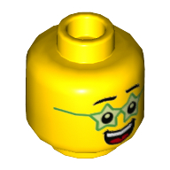 Minifig Head Birthday Boy, Green Star Glasses, Big Smile with Tongue and Teeth Print Gelb