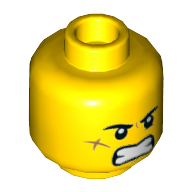Minifig Head Jack Davids / Bolobo, Eyebrows, Scar on Cheek, Smile with Teeth / Angry with Teeth Print Gelb