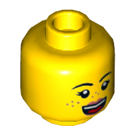 Minifig Head Parker L. Jackson, Eyebrows, Freckles, Dark Pink Lips, Open Mouth Smile / Disgusted Print Gelb