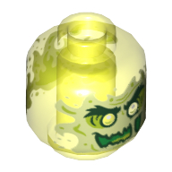 Minifig Head Ghost, with Yellowish Green Face, Glass Eye, Evil Grin, Flames in Back Print Trans-Neon Green