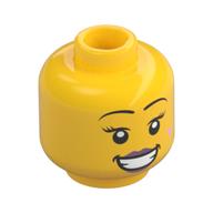 Minifig Head Poppy Starr, Pink Lips and Beauty Mark, Eyebrows, Smile / Closed Eyes Print Gelb