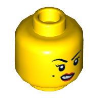 Minifig Head Pirate Girl, Eyebrows, Beauty Mark on Right Cheek, Red Lips and Chipped Tooth, Smile / Sneer Print Gelb