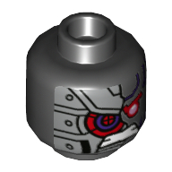 Minifig Head Nindroid, Dark Purple Lines, Red Eye, Gritted Teeth, Silver Armored Right Side Print Black