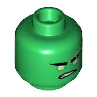 Minifig Head Lloyd, Yellowish Green Eyes, Lime Lightning Bolts, with Lopsided Frown Print Green