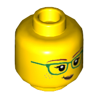 Minifig Head Freya McCloud, Green Glasses, Lopsided Grin / Brown Smudge/Mud on Face Print Gelb