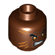 Minifig Head Bronze Tiger, Orange Stripes, Eyebrows, Orange Eyes, Clenched Teeth Print Reddish Brown