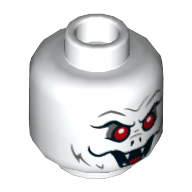 Minifig Head Man-Bat, Red Eyes, Open Mouth with Fangs, Scared / Angry Print Weiß