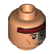 Minifig Head Hunter, Red Headband, Dark Bluish Gray Left Side, Serious, Open Mouth / Closed Mouth Print Nougat
