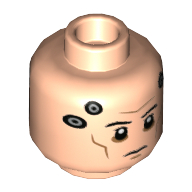 Minifig Head Echo, Shadow Under Eyes, Cheek and Forehead Lines, Dark Bluish Gray Circles on Temples/Silver Circles and Metal Mechanical Panel on Back Light Nougat