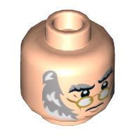 Minifig Head Ebenezer Scrooge, Gold Glasses, Gray and White Sideburns, Stern Print Light Nougat