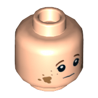 Minifig Head Tiny Tim Cratchit, Reddish Brown Eyebrows, Sad with Dirt Stains / Smile Print Hellnougat