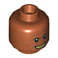Minifig Head Kardue'sai'Malloc, Cheek Lines, Grin with Yellow Teeth Print Dark Orange