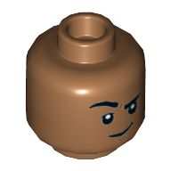 Minifig Head Kingo, Thick Eyebrows, Smile, Open Mouth / Closed Mouth with Raised Right Eyebrow Print Medium Nougat