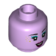 Minifig Head Genie Dancer, Dark Turquoise Shadow, Gold Glitter, Open Mouth Smile Print Lavender